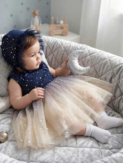 女婴0-2岁星空蓝色薄纱连衣裙，可爱迷你连衣裙