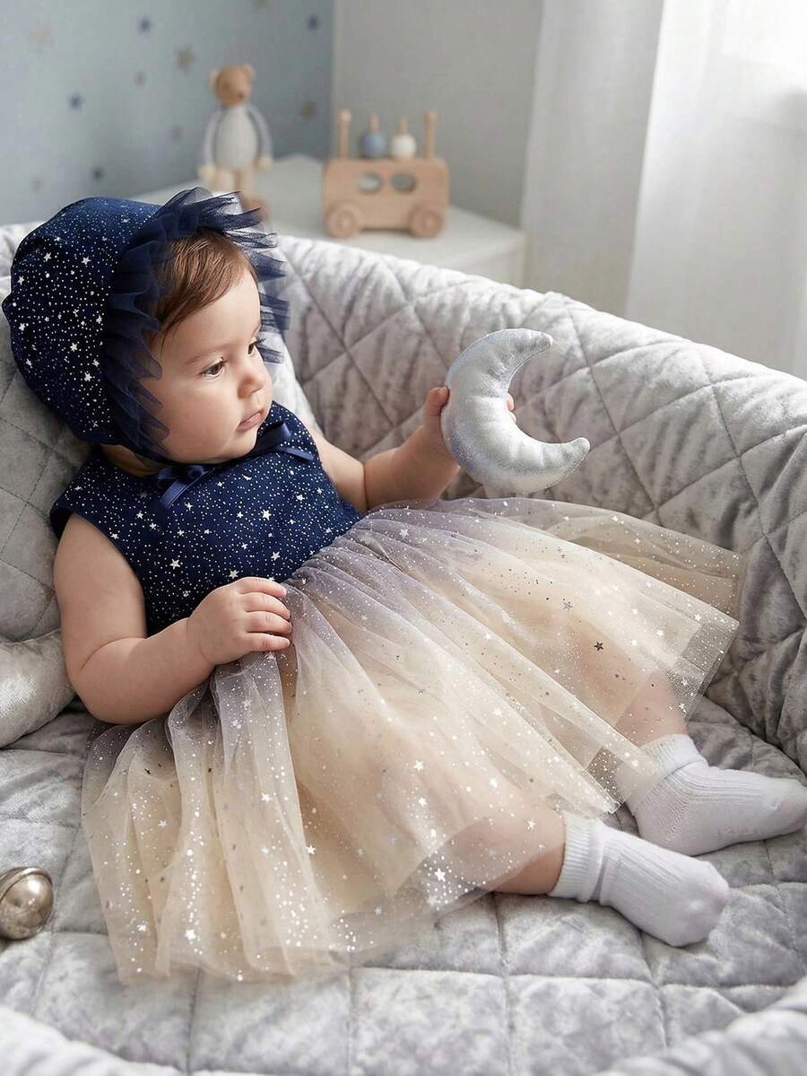 Váy vải tuyn bầu trời sao màu xanh cho bé gái từ 0-2 tuổi, váy ngắn dễ thương