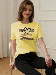 Summer TopsWomen's Summer New Simple Slogan Print Casual Vacation Style Loose Fit Round Neck Short Sleeve T-Shirt, Fashionable Everyday Top, Suitable For Daily And Vacation Wear. Women's T-Shirt Top.Loose And Comfortablesummer Clothes  Summer Outfits For Women - 黃色 - 查看 2