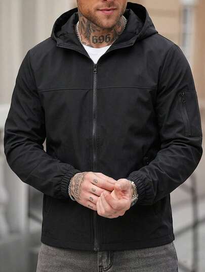 男士轻便连帽拉链夹克，简约长袖户外运动夹克，适合户外活动，黑色，春季款