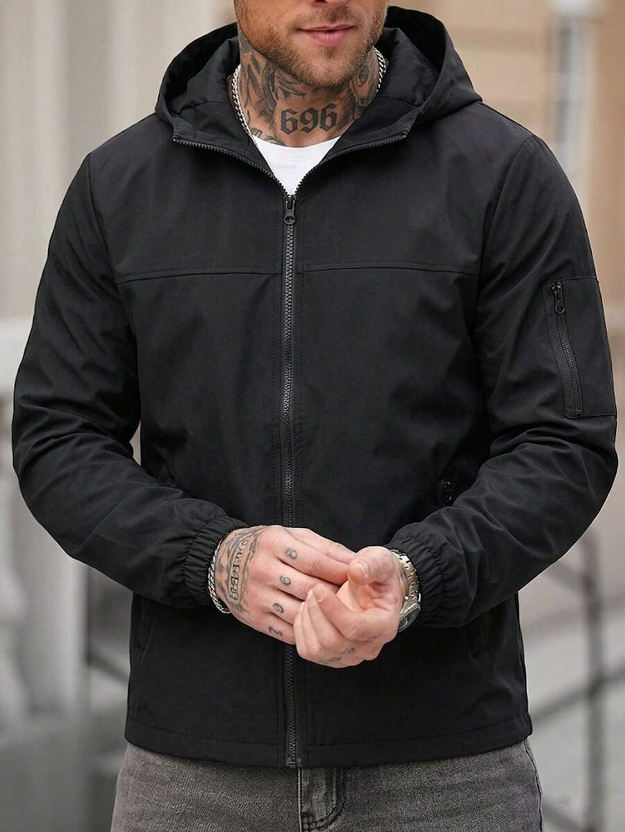 Chaqueta con capucha y cremallera ligera para hombres, chaqueta deportiva minimalista de manga larga para actividades al aire libre, adecuada para primavera en color negro - Negro - Ver 1