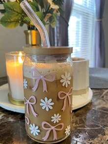 1 Bộ/Cốc trà xanh nơ hồng, Cốc cà phê ống hút, Cốc nước ép ống hút dùng tại nhà/văn phòng, Cốc nước ống hút nhà bếp - Cốc thủy tinh nơ nữ tính - Nhiều màu - Xem 3