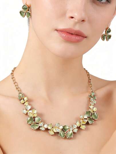 Cring Coco 2PCS/SET Woman Jewelry Set Zinc Alloy Fashion Boho Elegant Green Flower Necklace And Earrings Sets For Daily Party Prom Vacation Music Festival Mother's Day Accessories Gift
