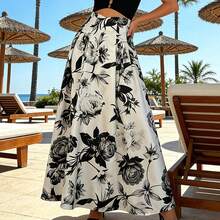 印花休闲优雅梭织面料抽绳腰带沙滩度假中长裙，春夏款 - 白色 - 查看 5