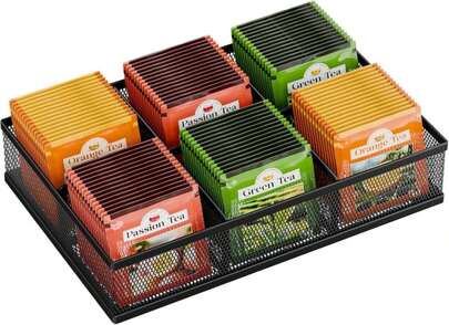 Volmop Tea Bag Organizer 6 Grids. Mesh Tea Bag Holder With Handle, Teabag Holder, Tea Station Organizer For Countertop, Pantry, Kitchen, Cabinet - Black
