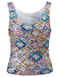 Women Y2K Sequin Tank Tops Contrast Sparkly V Neck Sleeveless Slim Vest Going Out Cami Top Stylish Summer Streetwear Club Party Night Out - Bạc - Xem 7