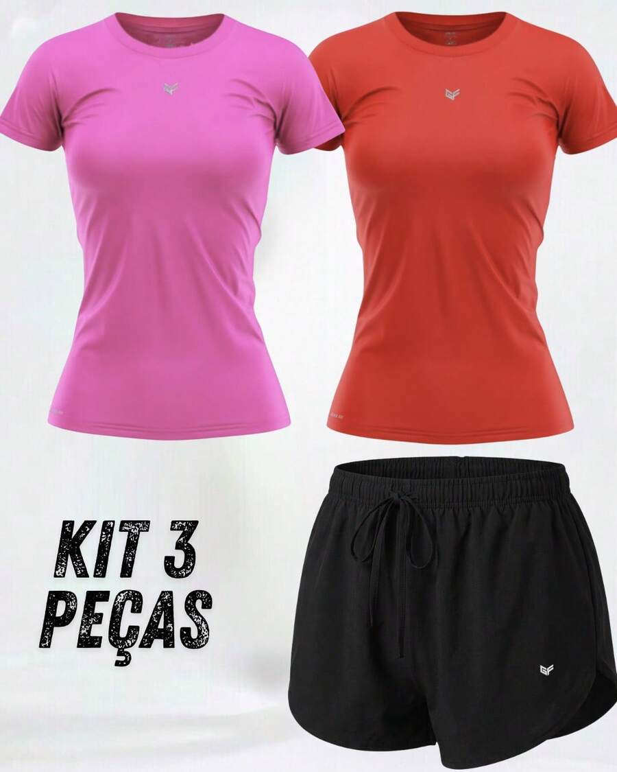 Women's 3-Piece Gym Kit: 2 Dry Fit T-Shirts + Comfortable Tactel Shorts - Women's 3-Piece Fitness Set With 2 Dry Fit Tops + Lightweight Shorts - 套件 L - 查看 1