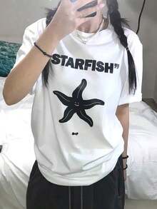 Minimalist. 100% Cotton. 1pacY2K Cartoon Pentagram Print Short Sleeve T-Shirt For Women, New Summer Fashion, Loose Round Neck, Versatile Design, White Top - Relaxed Fit, Vintage Casual Style, Comfortable For Daily Wear, Unisex Short Sleeve Cotton T-Shirt. Spring Summer Top - 白色 - 查看 6