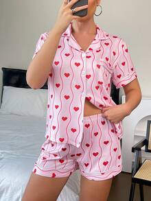 2pcs Pink Heart & Wave Print Women Pajama Set, Short Sleeve Lapel Button Top & Elastic Waist Shorts, Comfortable Knit Casual Loungewear With Pockets, Suitable For All Seasons - Pink - View 7