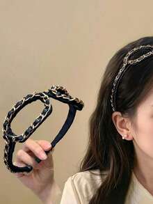 1件金属链眼镜框豹纹ABS塑料细发箍，时尚个性高冠发夹头饰 - 豹紋 - 查看 2