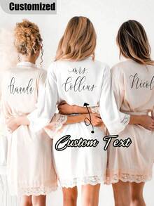 Customized Satin Bridal Robe, Half Sleeve Design, Customized Bridesmaid Bridal Robe, Personalized Satin Robe, Customized Bridal Robe, Bridesmaid Getting Ready Robe, Wedding Party Robe, Lace Trim Robe, Customized Name Robe, Bridal Robe Gift, Getting Ready Robe, Forever Love - Multicolor - View 4