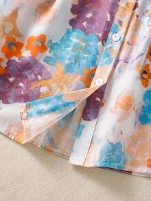 Áo sơ mi nữ dáng rộng cổ bẻ cài nút in hoa, kiểu dáng thanh lịch tay ngắn, phù hợp cho công sở mùa xuân/hè và mặc thường ngày khi đi nghỉ mát. - Cam + Xanh - Xem 6