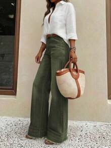 New Women's High-Quality Fashion Casual Loose Fit Denim Wide Leg Pants, Comfortable Fit, Suitable For All Seasons, Daily Stylish Outfit Spring - Army Green - View 5