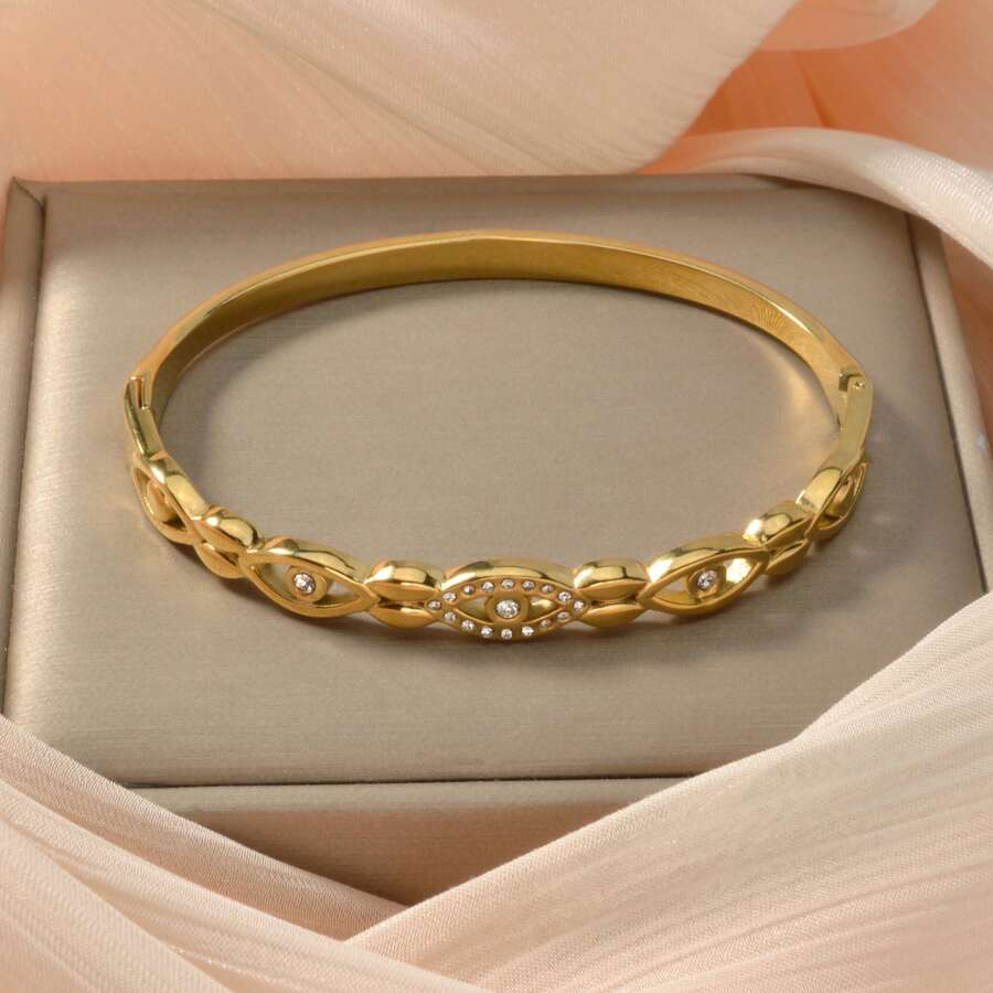 1 chiếc vòng tay bằng thép không gỉ mạ vàng 18K sang trọng, đính đá Cubic Zirconia hình mắt rỗng, thích hợp đeo hàng ngày cho nữ. - Vàng - Xem 1