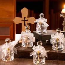Bộ 6/12/24 chai nước thánh Công giáo, chai thủy tinh có vòng tay thánh giá vàng, túi vải organza, ruy băng (nơ ren, trắng) dùng làm quà tặng trong lễ cưới, lễ rửa tội tại nhà thờ. - Xem 2