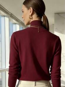 WOMEN'S LONG SLEEVE KNITTING BLOUSE WINTER BASIC HIGH NECK SWEATSHIRT - Burgundy - View 2