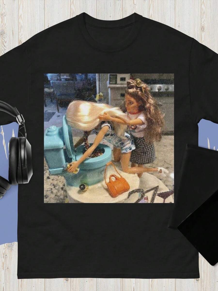 Unisex T-Shirt Featuring A Humorous Meme Doll Party, Casual Wear - Black - View 1