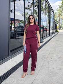 Women's Burgundy Urban 2-Piece Set, Casual And Sophisticated, Pleated Blouse, Comfortable Striped Fleece Pants, Spring/Summer 2026 Fashion, High-Style Loungewear - 勃根地/條紋 - 查看 1