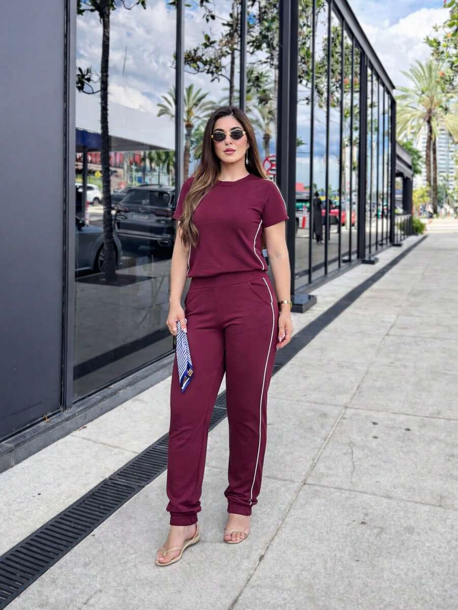 Women's Burgundy Urban 2-Piece Set, Casual And Sophisticated, Pleated Blouse, Comfortable Striped Fleece Pants, Spring/Summer 2026 Fashion, High-Style Loungewear - 勃根地/條紋 - 查看 1