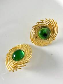 1 Pair Vintage Stainless Steel 18K Gold Plated Spiral Pattern Earrings With Large Green Gemstone, Suitable For Daily, Work, And Party Wear - E0986-02 - View 2
