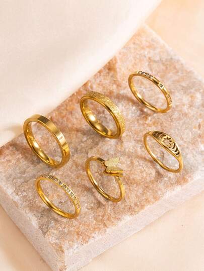 6 piezas Elegante Juego de Anillos de Mujer Chapados en Oro de 18K de Acero Inoxidable, Incluyendo Elementos de Mariposa, Mate, Sol Hueco, Adecuado para Uso Diario, Citas, Confesión, Accesorios de Vacaciones