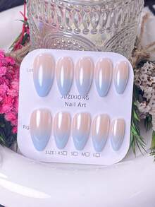 10pcs Handmade Almond Shaped Nail Stickers, Nude To Powder Blue Tie Dye Gradient Decorated Nails, Soft And Fresh Style, Suitable For Daily Wear, Comes With Nail Tools, Applicable For Women And Girls - Baby Blue - View 3