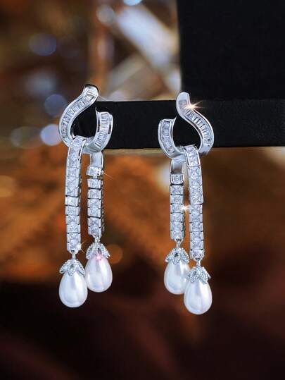 1 Đôi bông tai dáng dài hình vuông mạ bạc thời trang, đính đá Cubic Zirconia và ngọc trai, phụ kiện trang sức dành cho nữ, thích hợp cho đám cưới, tiệc tùng, dạ hội, hoặc đeo hàng ngày.