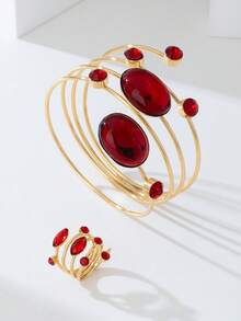 1 Set Simple Fashionable Multi-Layer Line Rhinestone Bracelet & Ring Jewelry Set, Valentine's Day Gift For Women,Mom,Mother,Mother's Day,Gift - Multicolor - View 3