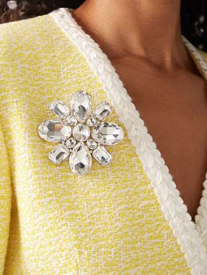 1枚优雅银色几何水晶花朵胸针，奢华水钻装饰胸针，女士饰品