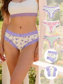 3pcs/Set Colorful Dopamine, Floral, Cherry, Heart Print Lace Patchwork Women's Bikini Panties Set - Multicolor - View 5