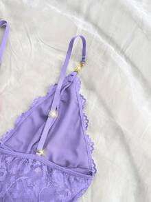 Women's Solid Color Lace Camisole Nightgown Paired With Matching Lace Shorts, V-Neck Design, Bow Decoration, Delicate Lace Patterns, Ruffled Hem, Christmas And Valentine's Day Clothing - The Ideal Gift For Her - Light Purple - 查看 6