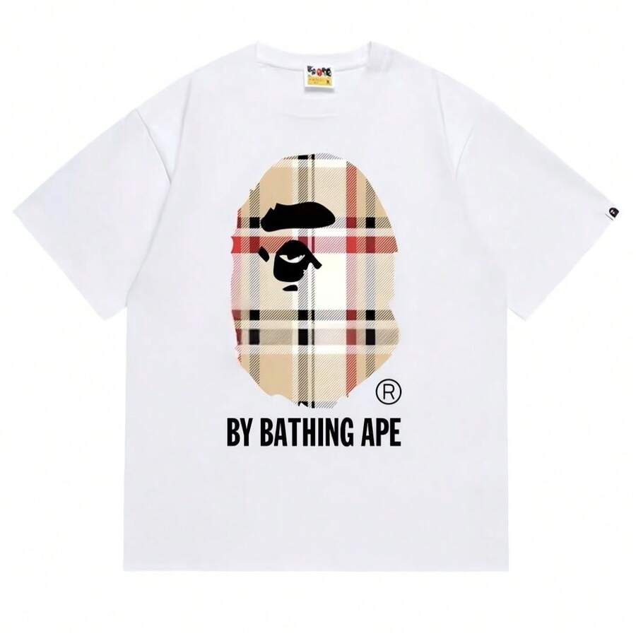BAPE A Bathing Ape Men's Classic Logo Tee – Plaid Check Ape Head Graphic Cotton T-Shirt - 白色 - 查看 1