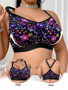 Bra Tanpa Kawat Motif Bunga Patchwork Ukuran Plus untuk Wanita, Bra Olahraga Santai Nyaman dengan Desain Racerback - Hitam - View 6