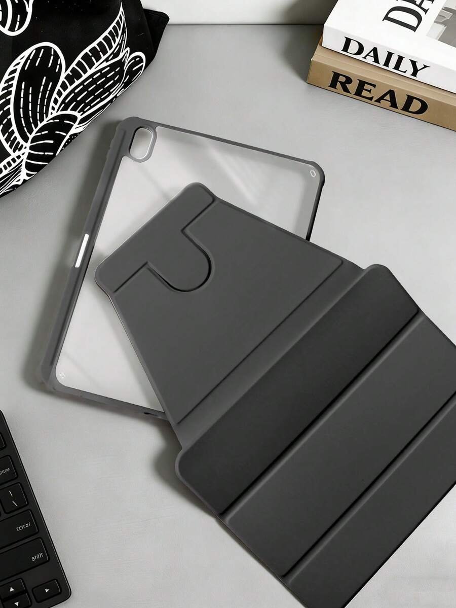 360°旋转亚克力三折黑色可折叠平板保护套，适用于iPad Mini 6/Mini 7/Air/Air 2/9.7/10.2/10.5/Air 4/Air 5/10.9/Pro 11英寸/Air 11(M2) 2024/第十代/12.9/Air 13(M3 2025)/Air 11英寸(M3) 2025/(A16) 11英寸第十一代2025，亚克力后壳防刮防弯折，内置笔槽，360°旋转支架，自动休眠/唤醒，简约/经典/商务平板电脑三折保护套 - 黑色 - 查看 1