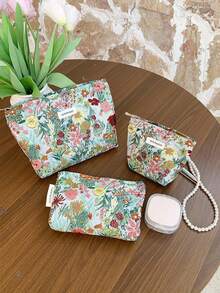 1 PC/Set Pink Green Floral Jacquard Embroidery Women Girl Makeup Pouch Make Up Bag Portable Large Capacity Cosmetic Bag With Zipper,For Travel And Vacation Essentials,For Sanitary Napkins,Keys,Hair Accessories,Charger,Lipsticks,Cosmetics,Perfume,Makeup Brush Holder Organizer Storage Bag,For Skin Care And Beauty Products,For Women,Students,School Girls,For Birthday Gifts,Friends Gift,Holiday Gift - Green - View 2