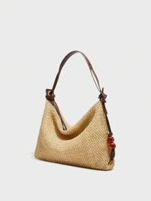 Túi đeo vai thiết kế độc đáo, kiểu dáng tối giản cổ điển, dệt rỗng với dây đeo bằng da PU, túi đeo vai đính hạt thanh lịch theo phong cách Âu Mỹ đa năng dành cho nữ, thích hợp đi làm và sử dụng hàng ngày, đi biển, mua sắm, túi hình lưỡi liềm dệt mang đến cảm giác mùa hè, túi đeo nách dệt rỗng nhẹ nhàng. - Nhiều màu - Xem 2