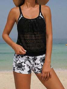 Swim Lushoire 2-Piece Floral Print Random Tankini Top With Mesh Tummy Control And Shorts Swimwear Set For Women - 多色 2 - 查看 4