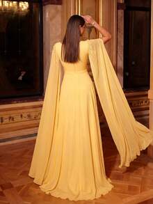 UNITHORSE Women's Square Neck Rhinestone Sequin Sleeve Solid Color Chiffon Evening Gown, Bridesmaid Dress, Wedding Guest Dress, Formal Dress, Bridal Dress, Birthday Dress, Graduation Dress - 淡黃色 - 查看 3