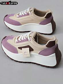 New Women's Contrast Color Thick Sole Casual Shoes, Soft & Shock-Absorbing, Breathable & Skin-Friendly, Height Increasing, Versatile For Commuting, Outing, Dating, Shopping, Daily Wear, Fashionable Shoes For Young Girls, Popular Student Casual Shoes, Non-Slip , Easy To Maintain - Purple - View 12