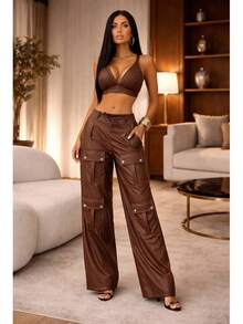 Women's Leather Cargo Set: Cropped Top, V-Neck Top, Wide Leg Premium Pants - 鏽棕色 - 查看 3