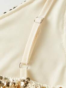 Camiseta sin mangas de lentejuelas para mujer, corte ajustado, con ribete de plumas, cuello en V, sin mangas, sin espalda, estilo urbano de verano. - Champán - Ver 9