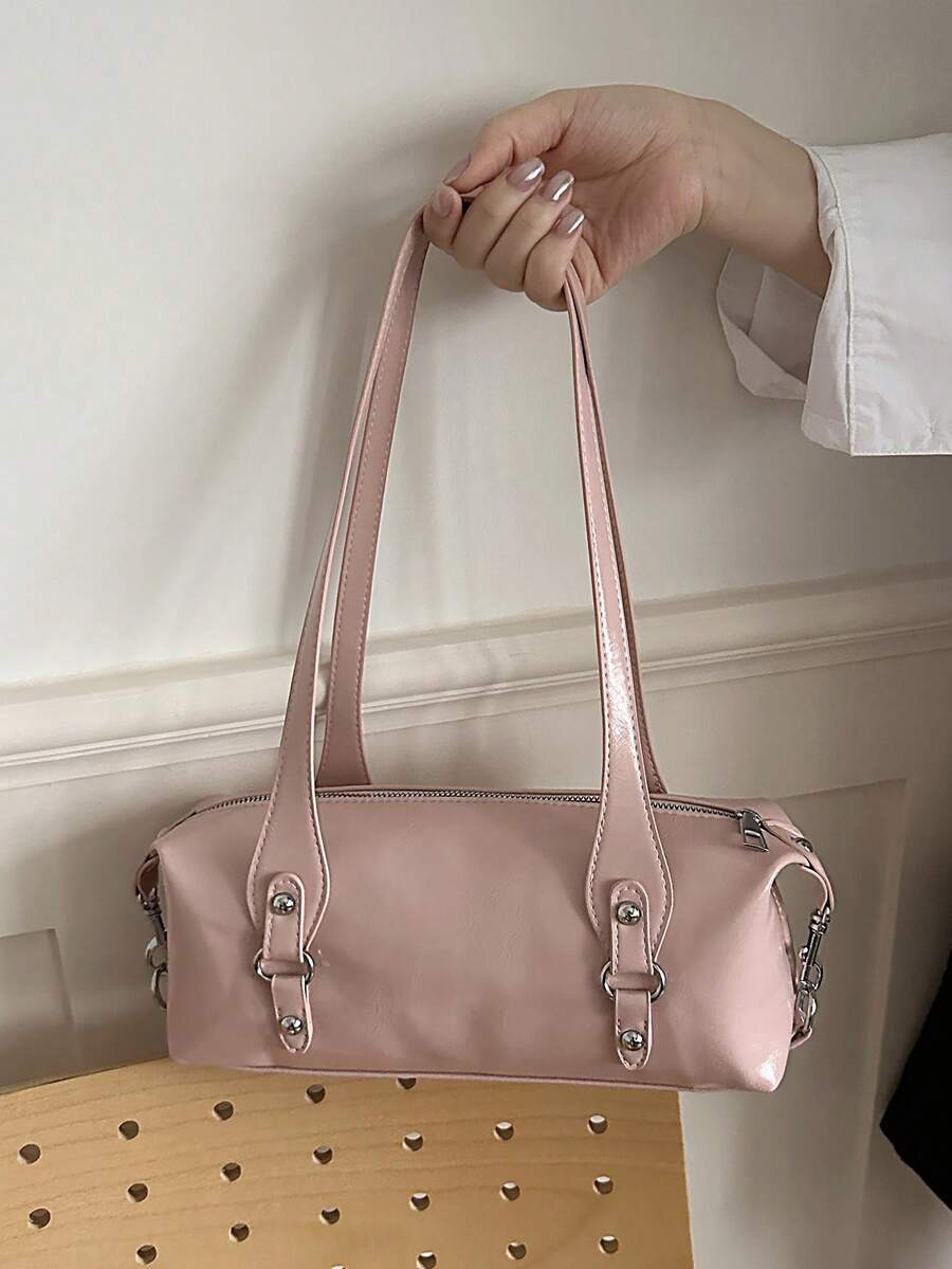 Túi đeo vai nữ màu hồng chất liệu giả da mềm mại, dung tích lớn, có khóa kéo, kiểu túi baguette. - Hồng - Xem 1
