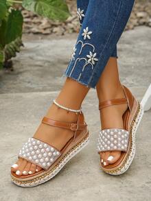 1 Pair Plus Size Women's Pearl & Rhinestone Studded Wedge Heel Thick Bottom Sandals, Shiny Rusty Brown Color, Elegant Ladies Summer Shoes Suitable For Daily Wear, Shopping, Party, Mother's Day Gift, Random Pattern - Rust Brown - View 4