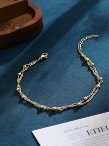 1pc Elegant Metallic Beaded Anklet, Suitable For Women, Perfect Accessory For Beach Vacation Or Wedding Party - Gold - View 4