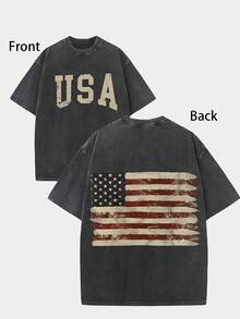 Men's Washed T-Shirt With USA On Front And American Flag On Back, 230g Heavyweight, Machine Washable, Retro Street Style, Very Durable, Perfect Daily Outfit, Sports Party, Men's Casual Top Summer Clothing - 黑色 - 查看 1