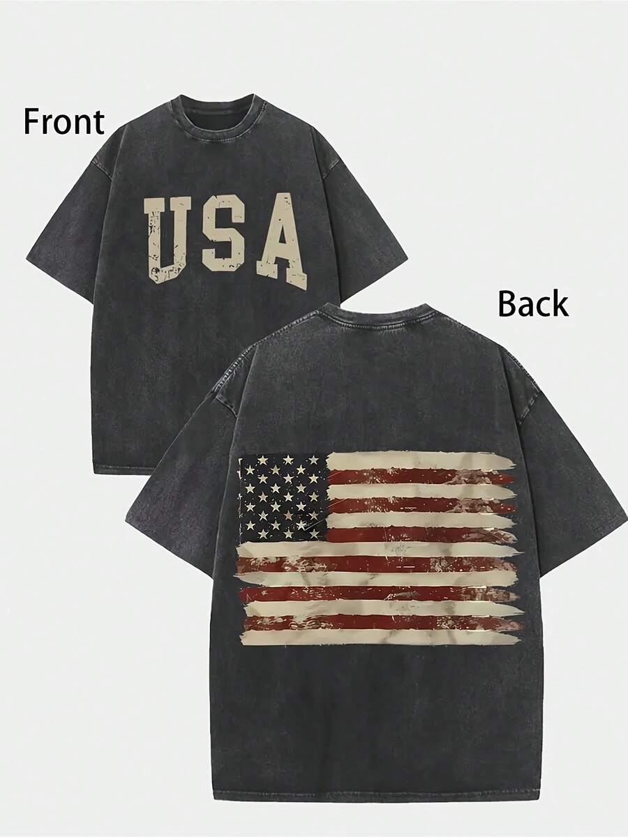 Men's Washed T-Shirt With USA On Front And American Flag On Back, 230g Heavyweight, Machine Washable, Retro Street Style, Very Durable, Perfect Daily Outfit, Sports Party, Men's Casual Top Summer Clothing - 黑色 - 查看 1