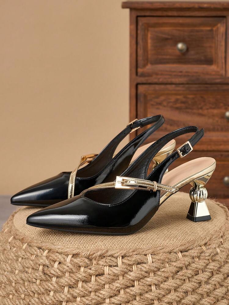 WHDXY Sandálias de Salto Alto Elegantes Pretas, Salto Modelado Único para Mulheres, Bombas Sem Parte Traseira com Tira de Metal em Bico Fino, Adequadas para Ocasiões Formais, Escritório e Transporte - Preto - Visão 2