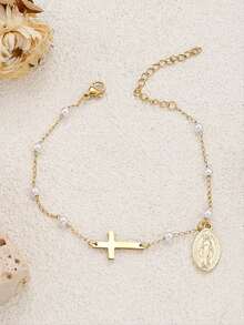 1件装女士圣母玛利亚十字架手链，仿珍珠金珠吊坠，基督教礼物，信仰礼物，十字架礼物，友谊礼物 - 金色 - 查看 4