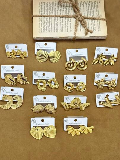 12 Pieces/Set Elegant And Unique Gold 304 Stainless Steel Earring Set, Perfect Gift For Classmates And Friends, Suitable For Women's Daily Wear, Easter, Mother's Day, Holiday Gift First Choice