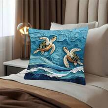 1 pièce Taie d'oreiller avec imprimé tortue de mer, charme côtier - Faux broderie thème océanique avec fermeture éclair, lavable en machine, style contemporain pour salon, canapé, décoration de chambre (sans insert inclus), décoration tortue - 1PC - Voir 7